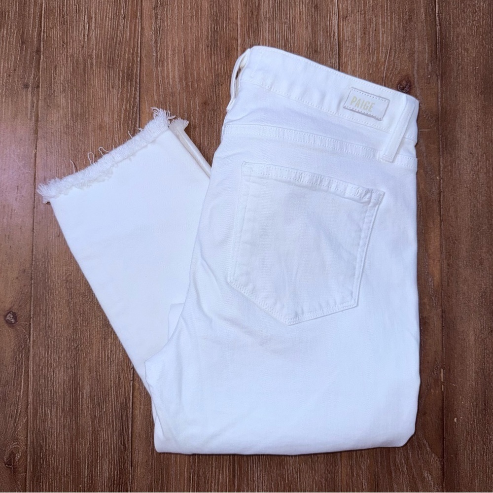 Paige Skyline Skinny Jeans White Raw Hem Mid Rise - Picture 2 of 8